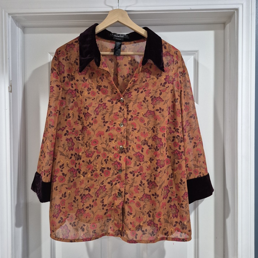 Vtg Crazy Horse Top Womens 24W Orange Purple Floral Sheer Velvet‎ Trim Fall 90s